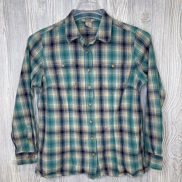 Duluth Trading Flannel Shirt Womens Medium Plaid Button Front Long Sleeve Vented - Picture 2 of 11